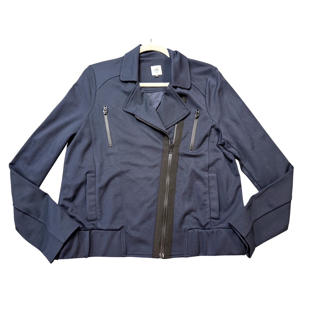 Cabi Moto Jacket Women Medium Navy Blue Excellent Asymmetric Zip Mixed Media lux